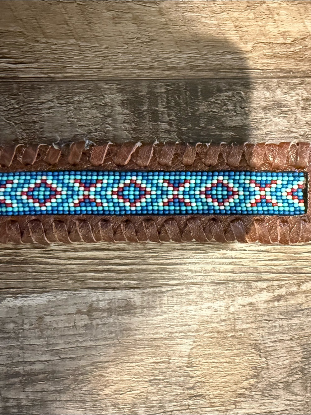 RDH Co.  Brown Leather Belt with Turquoise, Coral & White Seed Bead Inlay